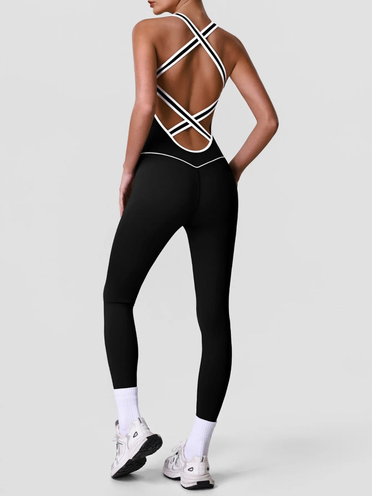 High Stretch Body Shaping Yoga Jumpsuit Women Black Patchwork Hollow Out Back Cross Fitness Sports One Piece Workout Bodysuits