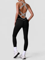 High Stretch Body Shaping Yoga Jumpsuit Women Black Patchwork Hollow Out Back Cross Fitness Sports One Piece Workout Bodysuits