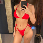 Splicing Halter Mini Thong High Cut Bikini Women Swimwear Female Swimsuit Two-Pieces Bikini Set Bather Bathing Suit Swim V6071