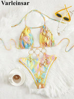 S - XL Printed Halter Metal Rings One Piece Swimsuit Women Swimwear Female Monokini High Leg Cut Bather Bathing Suit Swim V7721
