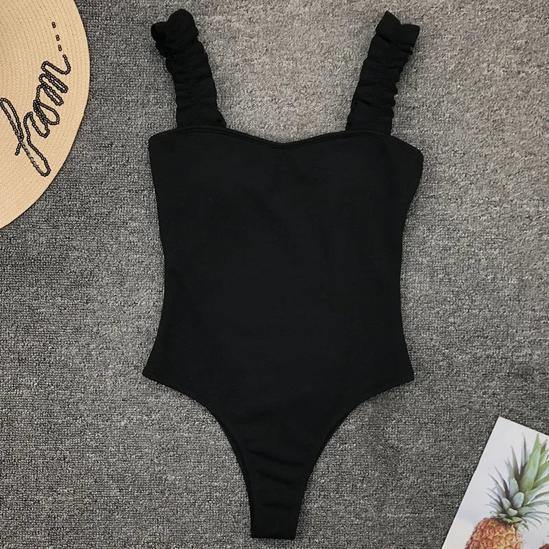 Ribbed Ruffled Frilled Trim Female Swimwear One Piece Swimsuit Women Monokini High Leg Cut Bathing Suit Swim Bodysuit Beach Wear