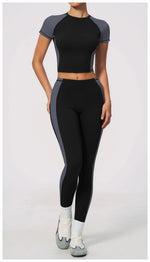 Nake Yoga Set Women's Tracksuit Color Contrast Short Sleeve Slim Sports T Shirts High Waist Leggings Fitness Clothes Gym Outfits