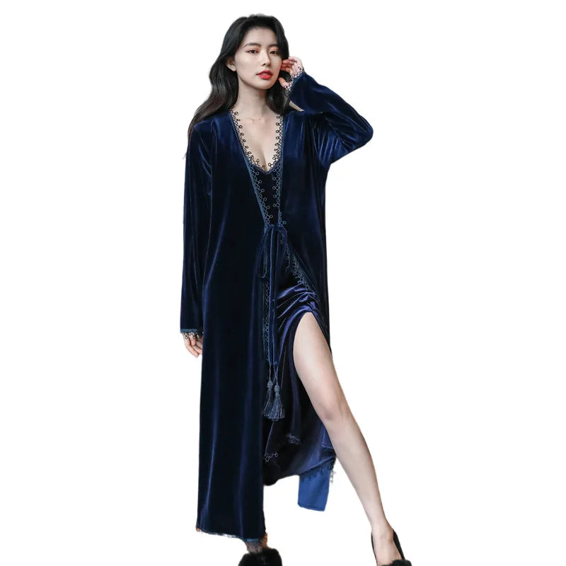 V-Neck Long Velour Robe&Strap Nightgown Suit Autumn Sexy Sleepwear Bride Bridesmaid Bathrobes Chemise Sleepdress Loungewear
