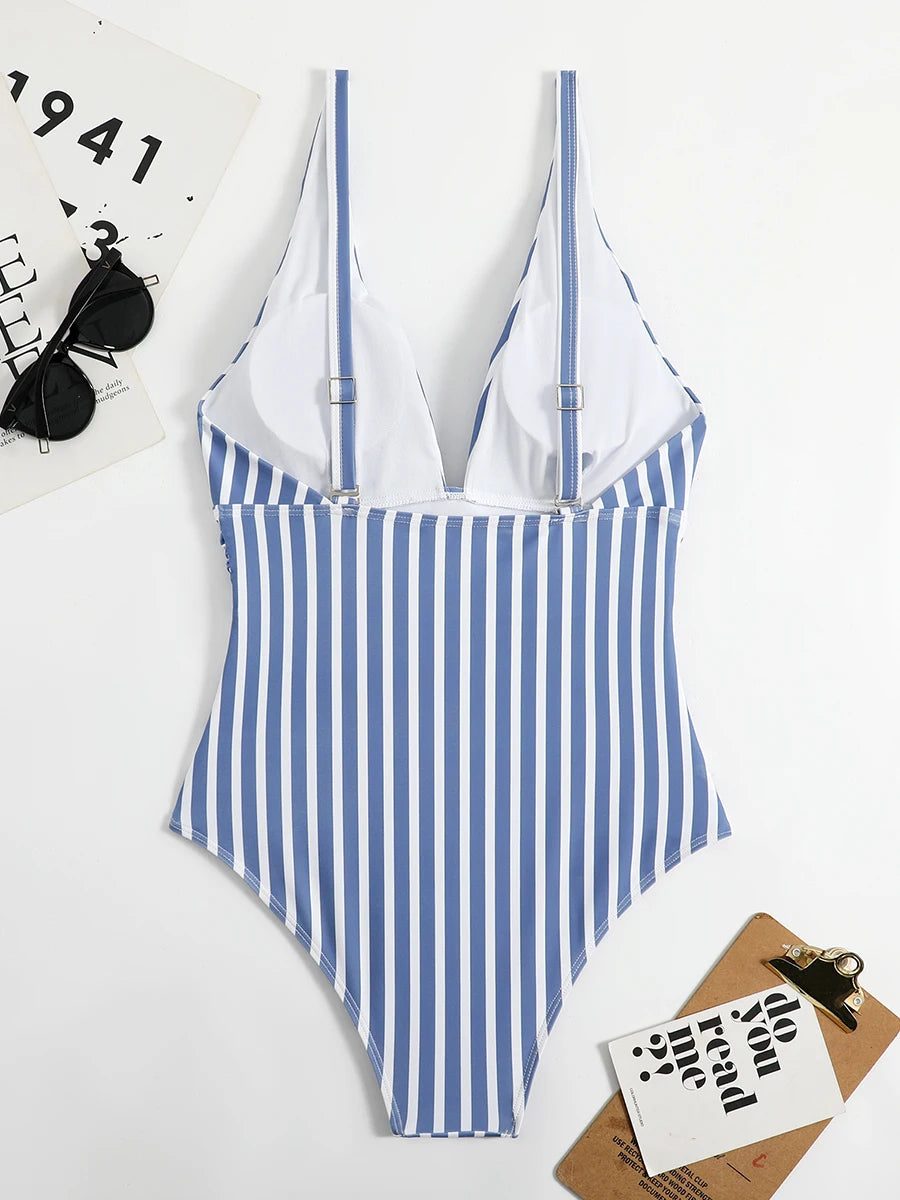 2026 Striped One Piece Swimsuit Sexy Swimwear Women V-neck Bathing Swimming Suit Female Summer Beachwear Bodysuit
