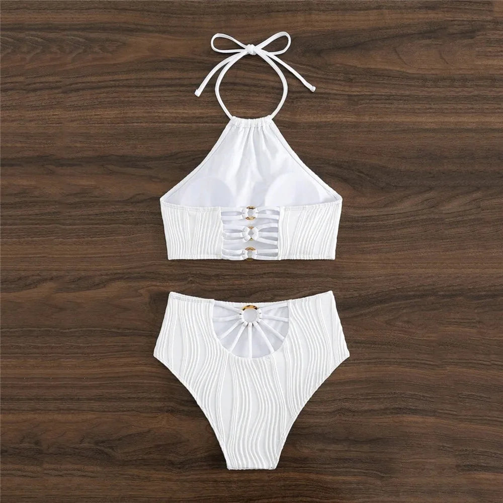 Sexy White High Waisted Bikini Set Women Ribbed Swimwear Push Up Swimsuit Halter Backless Crop Top Back Hollow Out Bathing Suit