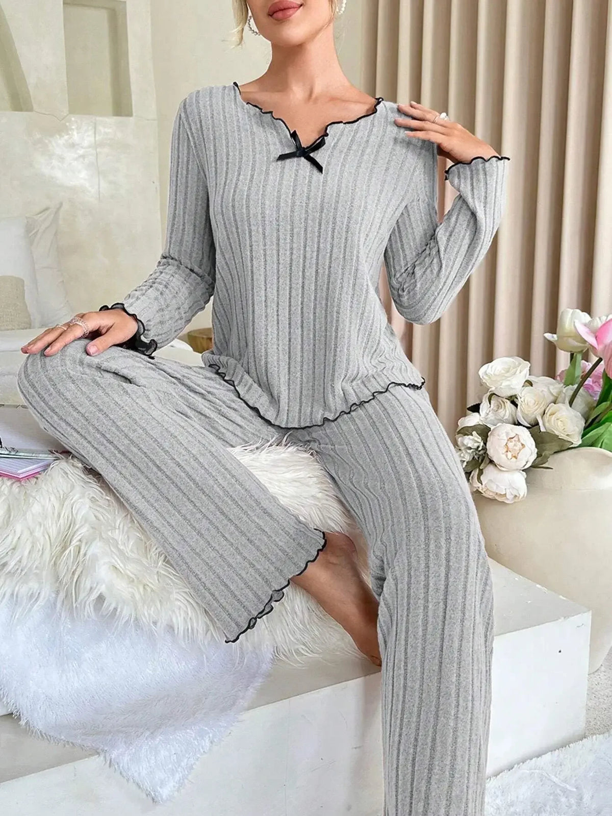 Women Autumn Winter New Sleepwear Y2K Ribbed Pajamas Set Long Sleeve Top and Long Pants 2 Piece Set Casual Homewear Loungewear