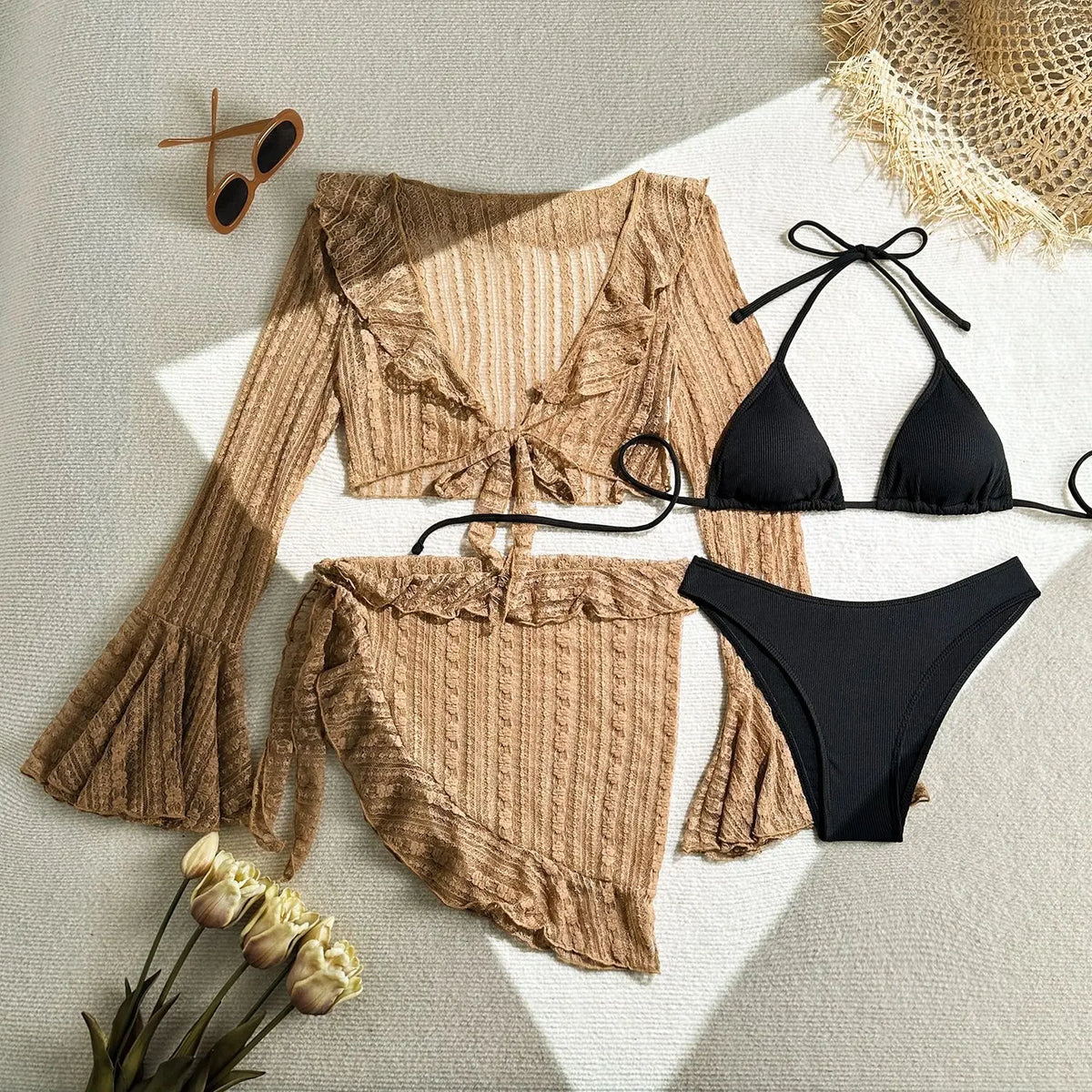 Sexy 4 Pieces Bikinis Sets Women Mesh Long Sleeve Cover Up Beach Skirt Swimwear Holiday Beach Bathing Suit Patchwork Swimsuit