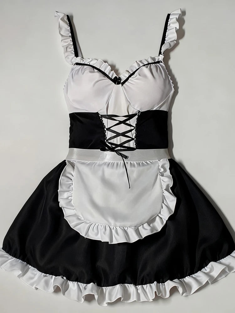 Cosplay Costume Japanese Style Kimono With Apron Ruffle Cosplay VacationPerfect Halloween Outfit Halter Dress Set Outfit Style