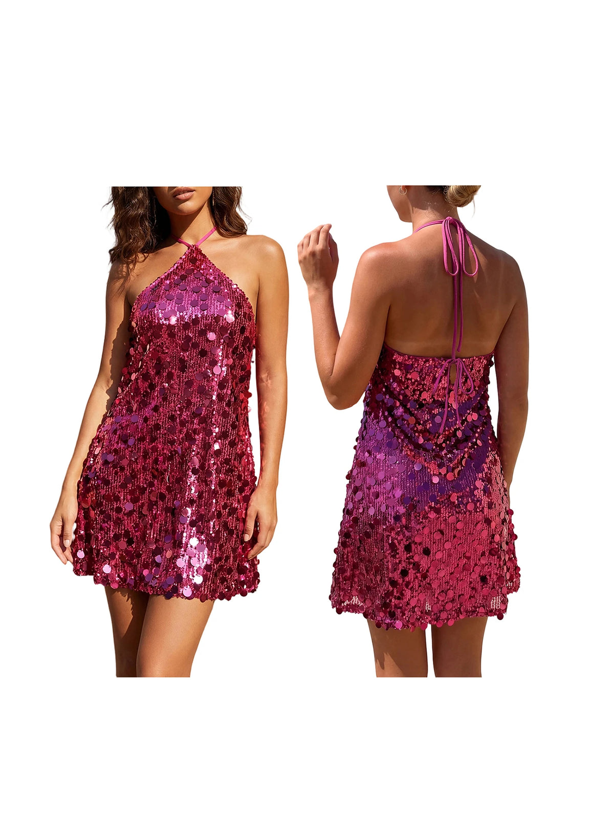 Women Summer Mini Dress Sparkly Sequin Sleeveless Halter Backless Slip Dress for Evening Party Date Night Streetwear