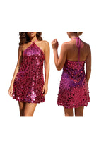 Women Summer Mini Dress Sparkly Sequin Sleeveless Halter Backless Slip Dress for Evening Party Date Night Streetwear