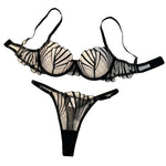 Black Leaf Embroidery Sheer Mesh Lingerie Set Underwire Bra & Adjustable Thong Women Sexy Underwear ZA824058