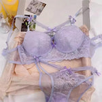 Japanese Lace Bra Set, Heart Pendant Purple Lingerie Sexy & Pure Small Chest Push Up Bralette, Fashion Outerwear Design Enhancer