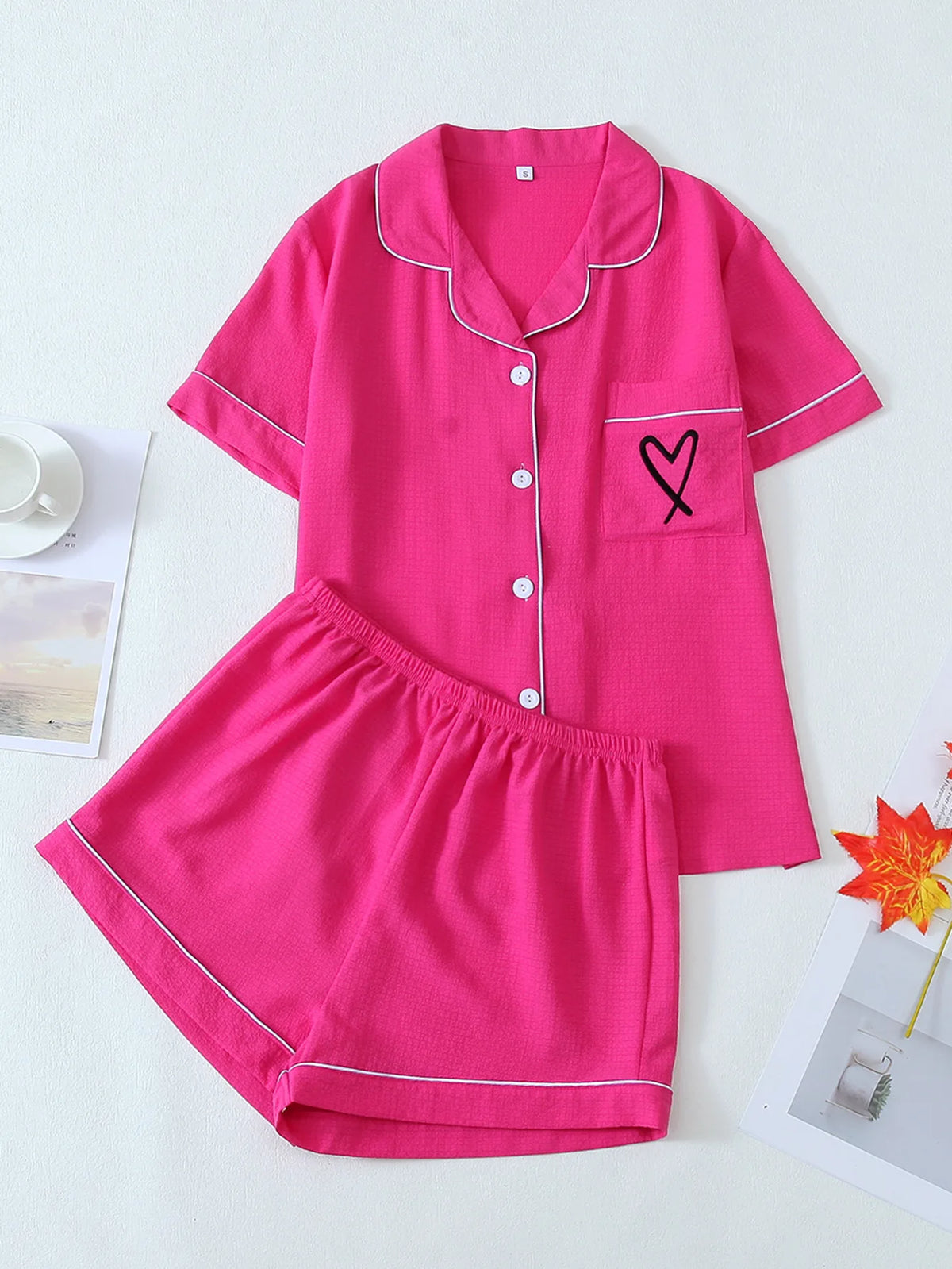 Women's Pajama Pocket Love Printed Pajamas Short Sleeve Top with Shorts Pajama Set Loungewear Pijama Pajamas for Women