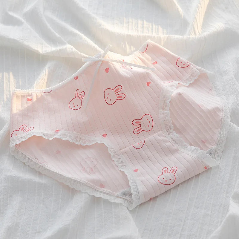 5Pcs/Set Cute Rabbit & Heart Briefs Women's Sweet Style Cotton Panties Mid-Rise Breathable Underwear Cotton Lingerie M-XL