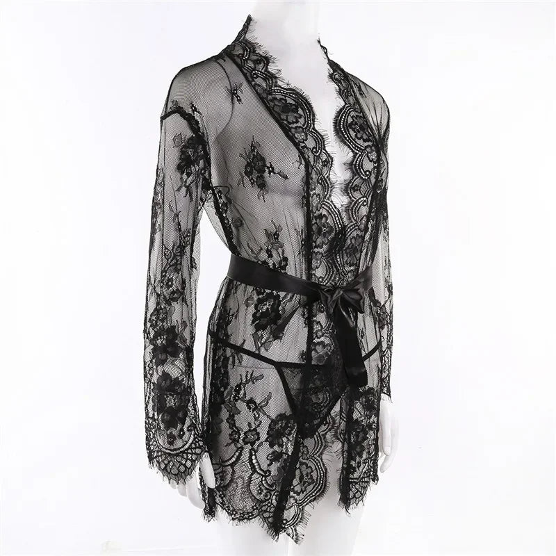 Women Sexy Lingerie Erotic Transparent V-Neck Nightwear Babydoll Robe G-string Costume Kimono Robe Lace Sleepwear Dress