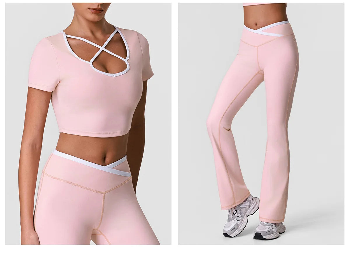 Summer Quick Drying Yoga Sets Women Black Patchwork Short Sleeve Cross Neck Sports Top High Waist Flared Pants Fitness Suits