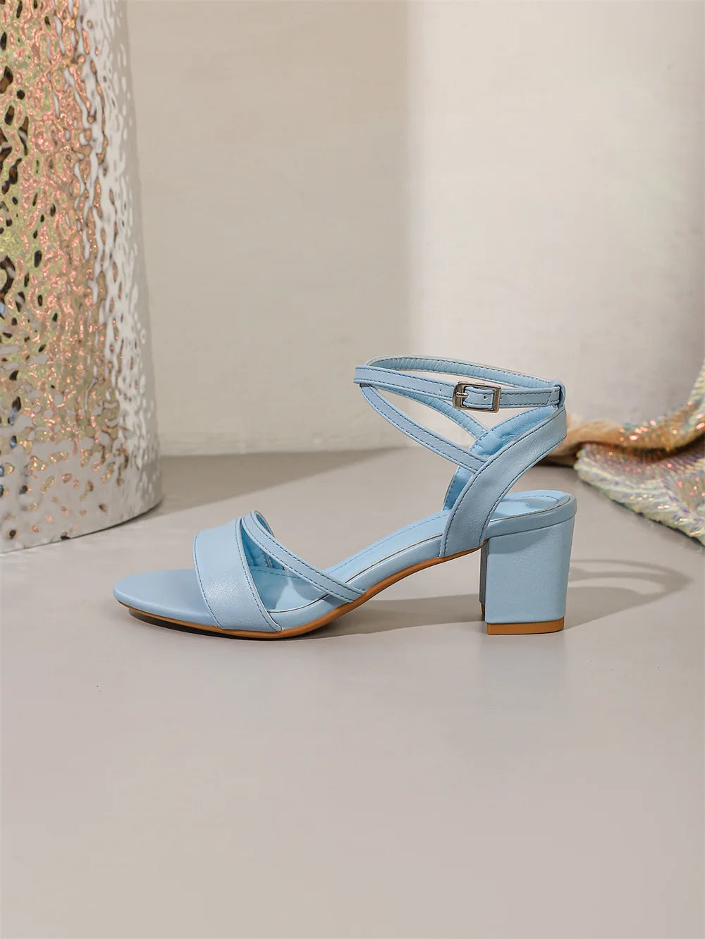 Big Size 42 Classic Blue Ankle Strap Sandals for Women Elegant Summer Block Heels Office Lady Daily Wear Shoes
