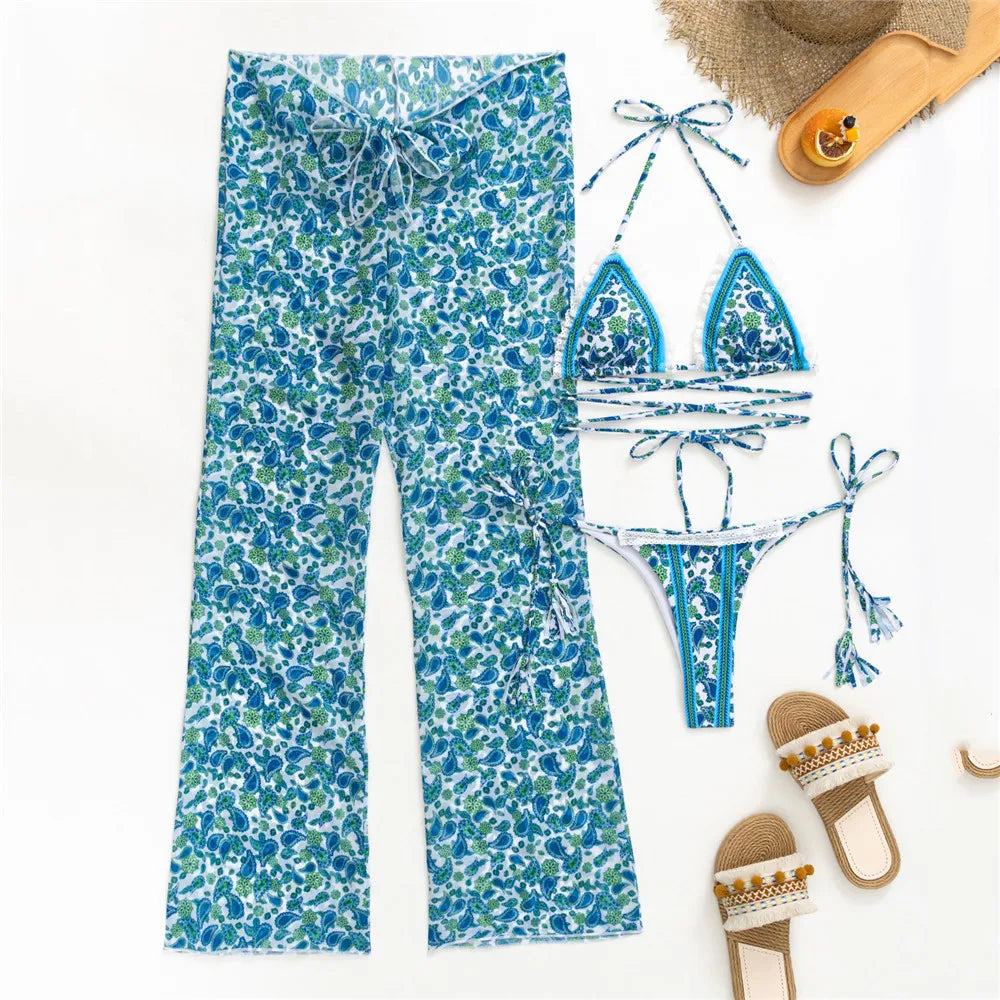 Floral Print 3 Piece Micro Thong Bikini Set Swimwear with Trousers Sexy Swimsuit Woman 2026 Bikinis Mujer Beachwear Bathing Suit