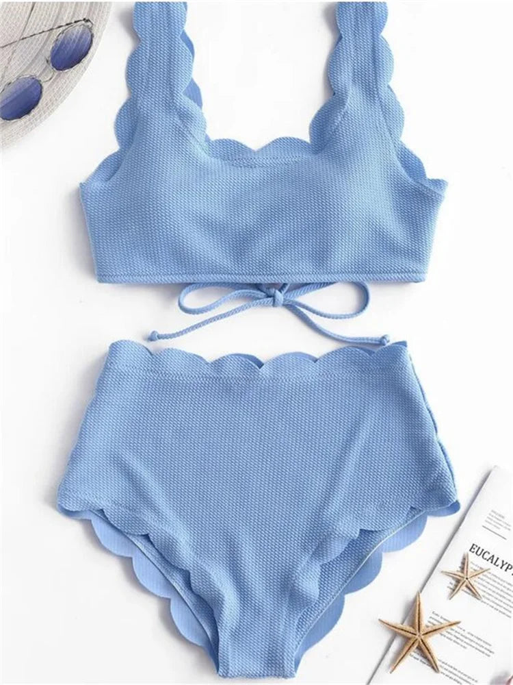 Solid Blue Two Pieces Swimsuit Bathing Suits Bikini Women Scalloped Textured High Waisted Bikini Set Lace Up Bathing Suits XXL