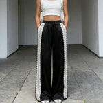 Elegant Solid Color Women's Satin Wide Leg Pants Lace Trim High Waist Loose Fit Trousers For Daily Vacation