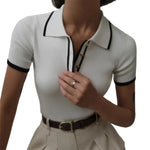 Women Short Tops Short-Sleeve Patchwork Color Lapel Tops with Buttoned Neckline Regular Fit Knitting Tops