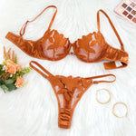 Gold Floral Embroidery Lingerie Set Women Sheer Mesh Push Up Bra And Thong 2 Piece Sexy Transparent Lace Underwear ZA824031