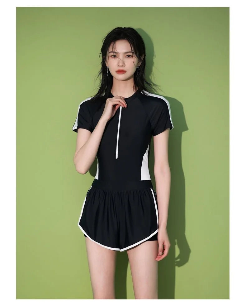 New Women's Swimsuit, One-piece Coverage Slimming EffectConservative Sports Style Hot Spring Flat Leg Pants Swimsuit Plus Size
