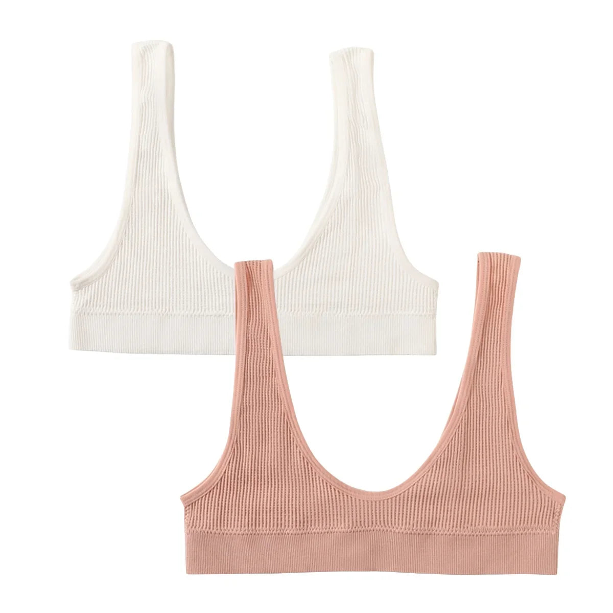 2Pcs/Set Women Non-wire Bra Crop Top Seamless Underwear Female Plunge Bra Tops Ribbed Sexy Lingerie Sports Intimates