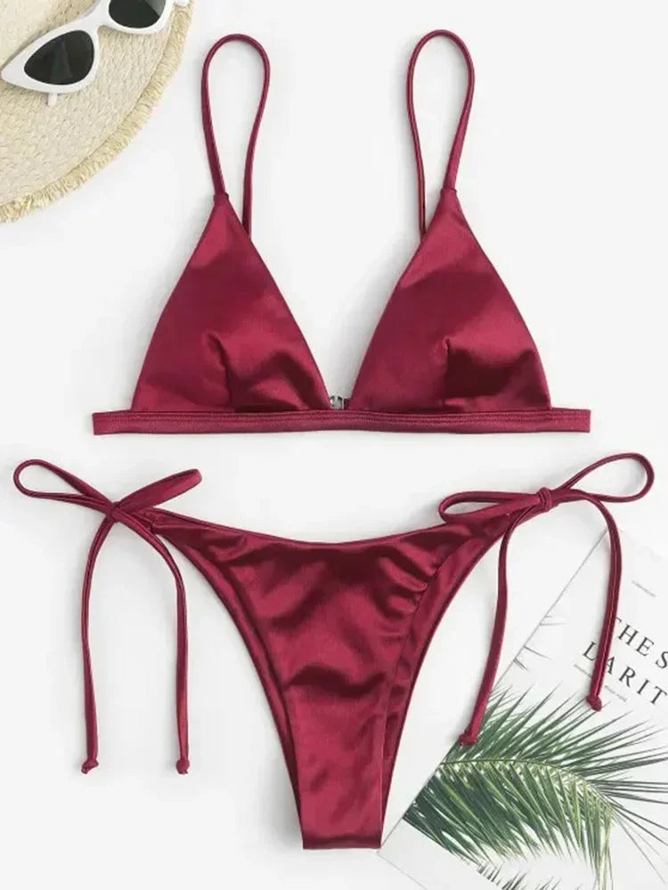 2025 Metallic Satin High Cut Brazilian Bikini Women Swimwear Female Swimsuit Two-pieces Bikini Set Bathing Suit Swim Beach Wear