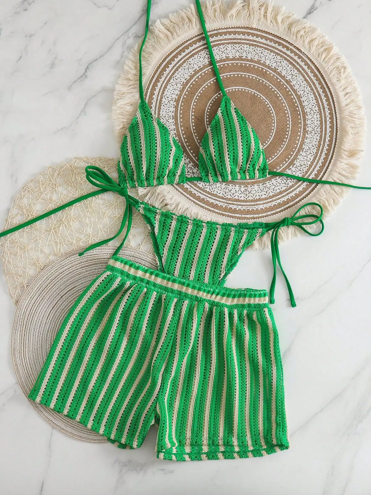 New Retro 3 Pieces Knitted Mesh String Bikini Set Swimsuit Women Blue Striped Swimwear with Shorts Beach Wear Boho Bathing Suit