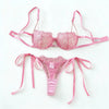 Sweet Pink Sheer Mesh Lingerie Set Floral Embroidery Crystal Clasp Bra Ribbon Bow Side‑Tie Thong For Ladies ZA825201