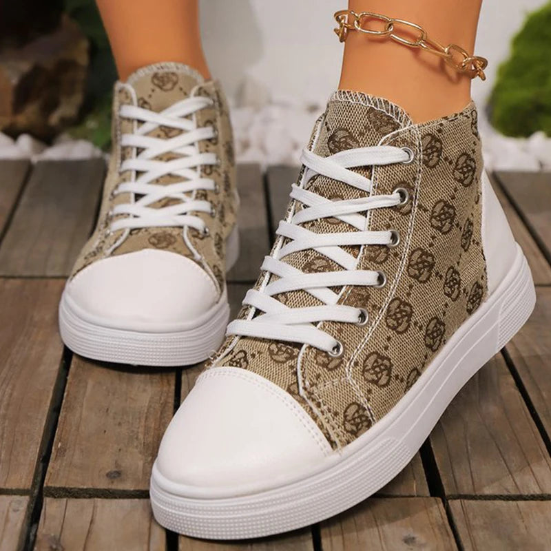 Fashion Flower Embroidery Canvas Shoes Women Spring Autumn Lace Up High Top Canvas Shoes Woman Round Toe Flats Sneakers Female