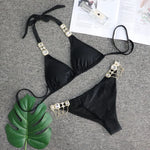 Luxury Rhinestone Bikini Women 2025 Sexy Orange Yellow Crystal Diamond Push Up Thong Swimsuit Beach Bathing Suit Tanga Swimwear
