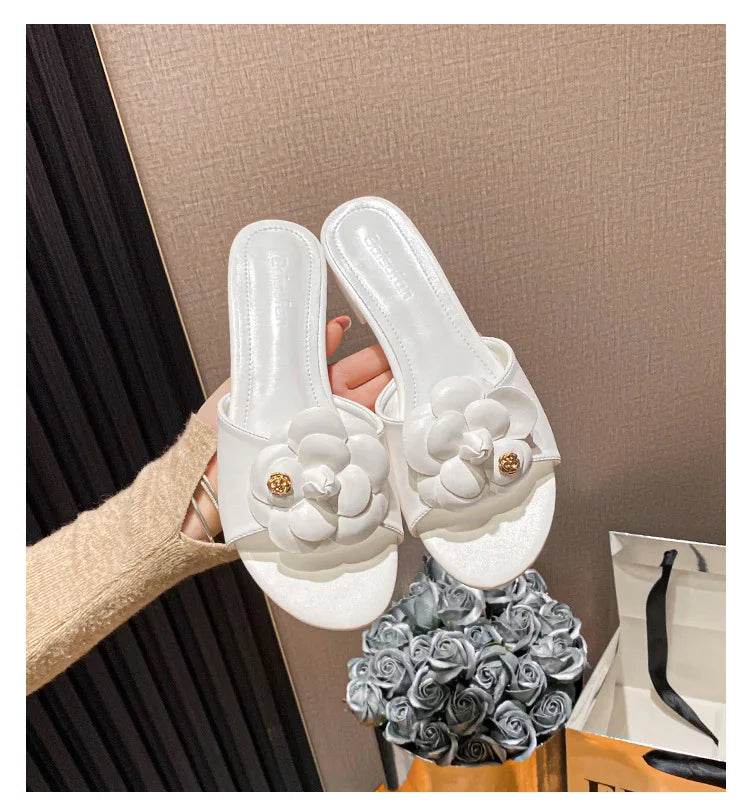 High End Luxury Flower Slippers Women Camellia Shoes Open Toe Slides Femme Outside&Home Pantuflas Sandals Ladies Flip Flops