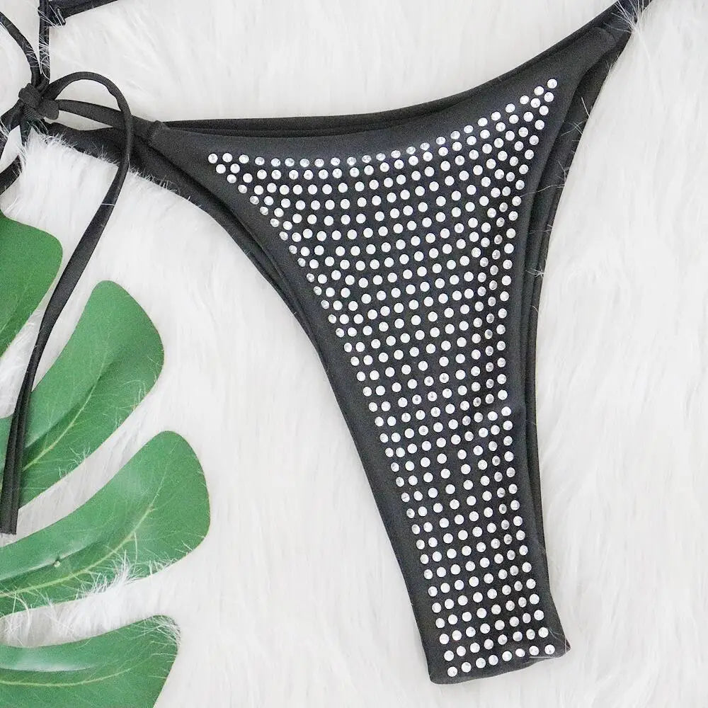 DEKA Rhinestone Beige Bikini Set Women Luxury Drill Halter Black Lace Up Micro Swimsuit Brazilian Bathing Suit Triangle Swimwear