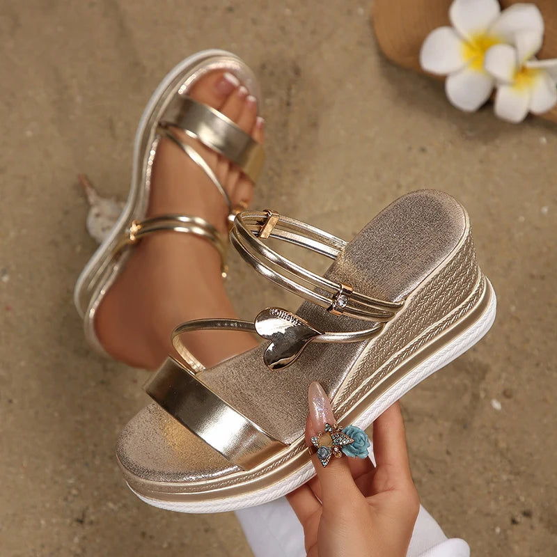 Metal Heart Gold Wedges Sandals Women Plus Size 43 Thick Sole Platform Sandles Woman 2026 Summer Non Slip Gladiator Sandals