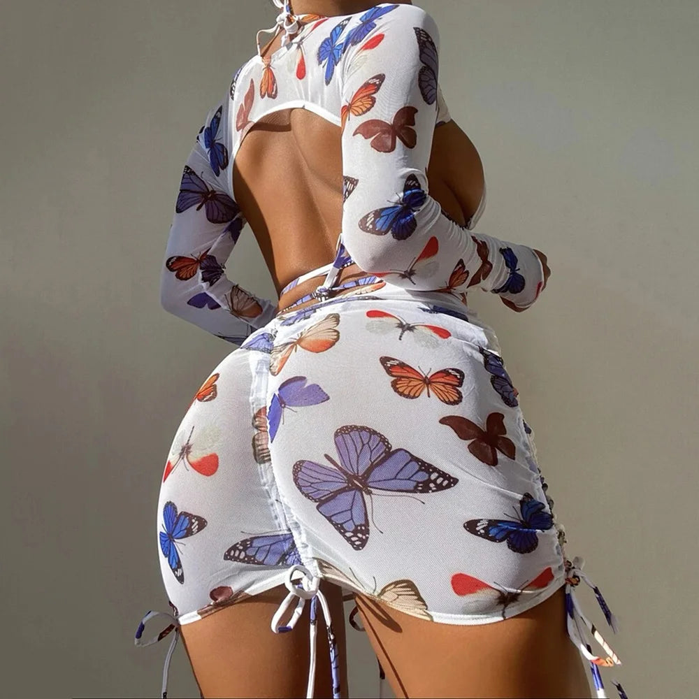 White Butterfly Print Swimwear Cover Up Bikinis Sets 3 Pieces Sexy Swimsuit Women 2026 Beach Wear Halter String Triangle Bikini
