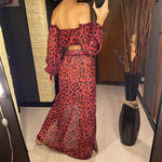 2026 Leopard Off Shoulder Long Sleeve 2 Pieces Set Beach Cover Up Cover-ups Beach Dress Beach Wear Beachwear Female Women V3728