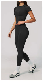 2PCS Women's Tracksuit Seamless Yoga Set Short Sleeve O Neck Workout T Shirts Fitness Suit Tight Hip Lifting Leggings Gym Sets