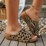 Women Animal Print Wedge Slide Sandals Leopard Zebra Open Toe Wide Fit Soft Platform Non‑Slip Outdoor Summer Slippers