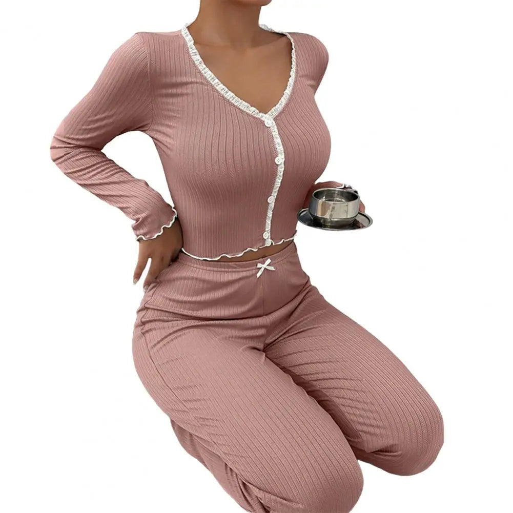 Womens Lace Trim Ribbed Knit Pajamas Set Long Sleeve Crop Top Wide Leg Pants Lounge Set 2 Piece Sleepwear