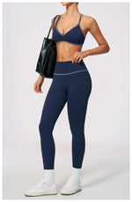 New Yoga Suit Women Color Blocked V-neck I Shape Sports Bra Fitness Clothes Summer Tight Running High Waist Leggings Tracksuit