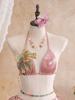 Sexy Beige 3D Flowers Embroidered Bikini Set 2026 Women Drawstring Cover Up 3 Piece Swimsuit Beach Bathing Suit Holiday Swimwear