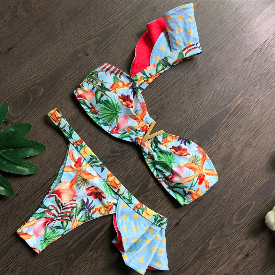 Flower Printed One Shoulder Bikini Women Swimwear Female Swimsuit Frilled Bather Bathing Suit Swim Two-pieces Bikini set K8049