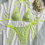 DEKA Shiny Bikini Set Triangle Bandage Swimsuit Women Swimwear Summer Biquini Beachwear Long String Bow Swimsuit Beachwear Suits