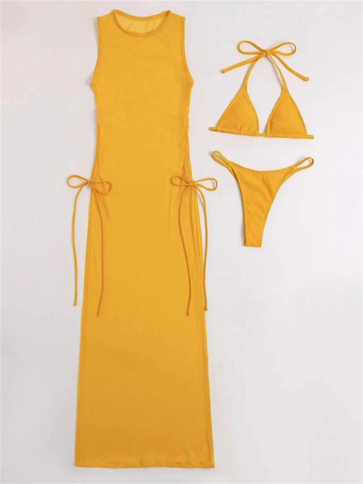 Sexy Sleeveless Mesh Bikini Cover Up Green White Dress 3 Piece Swimsuit Beach See Through Beach Bathing Suit Thong Swimwear 2024