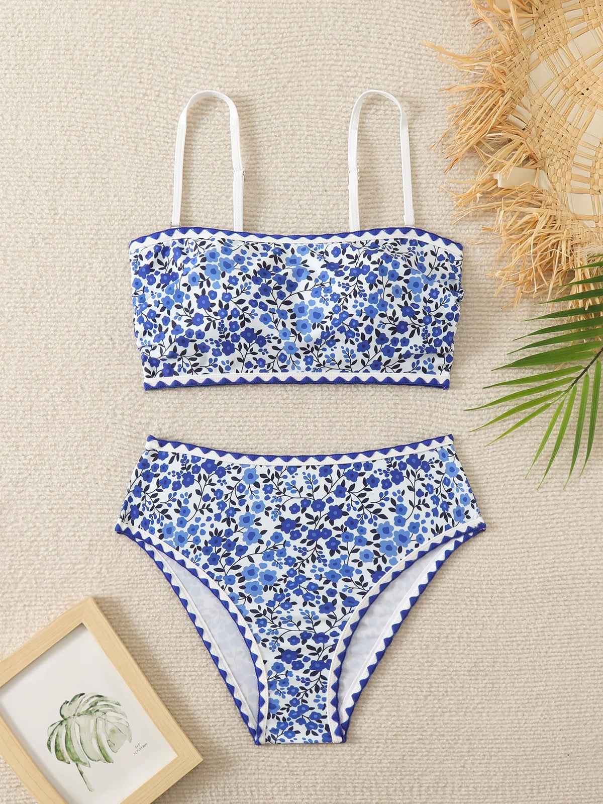 Sexy High Waist Bikini 2024 Floral Bandeau Swimsuit Female Swimwear Women Thong Bikinis Set Bather Beachwear Bathing Suit Pool