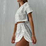 New Women's Pajama Set Women's Short Sleeve Shorts Hollow Breathable Printed Summer Sexy Fashion Two Piece Pajama Home Clothes