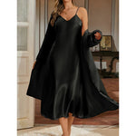 Two Piece Womens Elegant V Neck Long Nightgown and Robe Set Extra Long Camisole Extra Long Robe Solid Color Homewear Set