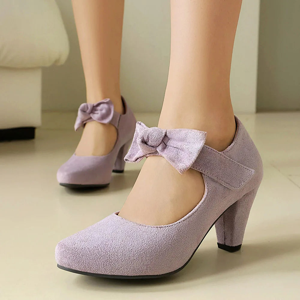 2026 Plus Size 45 Vintage Bowknot Bow Mary Jane Shoes Women 7cm High Heeled Retro Suede Look Brown Lolita Block Heel Pumps